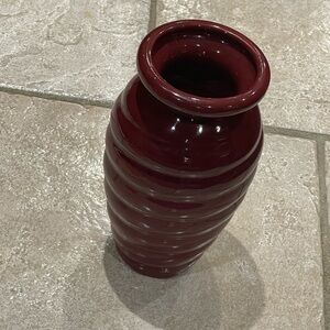 Red Ribbed Ceramic Vase with Glossy Finish